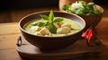 Thai food, Green curry chicken with coconut curry on the wooden floor background. Generative Ai Royalty Free Stock Photo