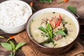 Thai food,Green curry with pork and cooked rice Royalty Free Stock Photo