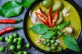 Thai food green curry on soup bowl with ingredient herb vegetable on dark plate background - green curry chicken cuisine asian Royalty Free Stock Photo