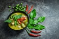 Thai food green curry on soup bowl with ingredient herb vegetable on dark plate background - green curry chicken cuisine asian Royalty Free Stock Photo