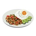 Vector illustration Basil fried rice with fried egg, chili, basil leaves as ingredients, put on a plate