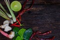 Thai food ingredient for Tom yum on old wooden background. Royalty Free Stock Photo