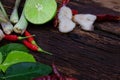 Thai food ingredient for Tom yum on old wooden background. Royalty Free Stock Photo