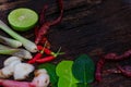 Thai food ingredient for Tom yum on old wooden background. Royalty Free Stock Photo