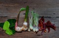 Thai food ingredient for Tom yum on old wooden background. Royalty Free Stock Photo