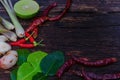 Thai food ingredient for Tom yum on old wooden background. Royalty Free Stock Photo