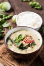 Thai food,Green curry with pork and cooked rice Royalty Free Stock Photo