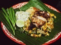 Thai food Pad thai is fried with grilled chicken Thailand style original banana leaf bottom groove delicious must try Menu in Royalty Free Stock Photo