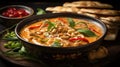 Thai food panang curry served with crispy roti