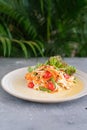 Thai food, Papaya salad on white plate on grey background