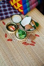 Thai Food in pinto classic steel lunch box studio shot in local Thai Isan concept Royalty Free Stock Photo