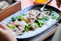 Thai Food Rat Na, Fried noodle with pork in gravy sauce Royalty Free Stock Photo