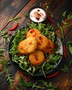 Thai food spicy fish cakes served with pomegranate seeds and wild rocket, arugula salad Royalty Free Stock Photo