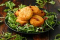 Thai food spicy fish cakes served with pomegranate seeds and wild rocket, arugula salad. Royalty Free Stock Photo