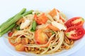 Thai food, Spicy green papaya salad with salted egg (Som Tum Thai Kai Kem) on White Background