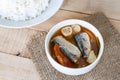 Thai food spicy mackerels fish ,Tom yum canned mackerels in tomato sauce on sackcloth pat