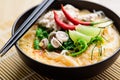Thai food, spicy rice noodles soup with spices and herbs Tom Yum soup Royalty Free Stock Photo