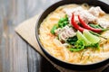 Thai food, Spicy rice noodles soup with spices and herbs Tom Yum soup Royalty Free Stock Photo