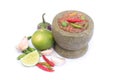 Thai food, spicy shrimp paste chilli sauce in mortar stone isola Royalty Free Stock Photo