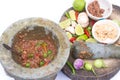Thai food, spicy shrimp paste chilli sauce in mortar stone Royalty Free Stock Photo