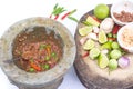 Thai food, spicy shrimp paste chilli sauce in mortar stone Royalty Free Stock Photo