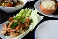Thai food - spicy Shrimp salad with garlic and basil Royalty Free Stock Photo