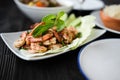 Thai food - spicy Shrimp salad with garlic and basil Royalty Free Stock Photo