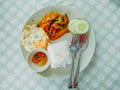 Thai food, steamed rice, fried egg, stir-fried pork with curry paste. Royalty Free Stock Photo