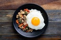 Thai food, stir-fried holy basil with minced pork and fried egg Royalty Free Stock Photo