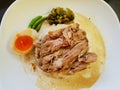 Thai food style, Top view of stewed pork leg and boiled egg on rice Royalty Free Stock Photo