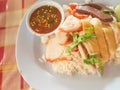 Thai food style: & x22;Kao Mun Khai-Mhoo Dang& x22;it& x27;s boil chicken