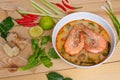 Thai food tom yum koong or spicy shrimp soup in a white bowl Royalty Free Stock Photo