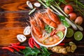 Thai Food Tom Yum Kung, Hot and sour spicy shrimps prawns soup curry lemon lime galangal red chili straw mushroom on table food, Royalty Free Stock Photo