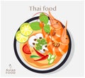 Thai food Tom yum kung , Soup with shrimps, Vector flat illustration