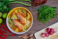 Acacia omelets and fresh shrimp in vegetable sour soup - Thai Food