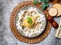 Thai food White Sauce Clams in a dish top view on grey background Taiwan street food Royalty Free Stock Photo