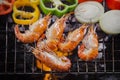 thai fresh water shrimp grilled on barbecue fire stove with chilly and onion ring Royalty Free Stock Photo
