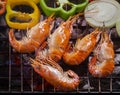 thai fresh water shrimp grilled on barbecue fire stove with chilly and onion ring Royalty Free Stock Photo