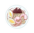 Thai fried noodles hand drawn vector illustration. Hokkien Mee soup with egg slices in bowl isolated on white background