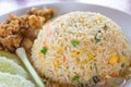 Thai fried rice with vegetables, chicken and fried eggs
