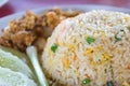 Thai fried rice with vegetables, chicken and fried eggs