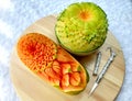 Papaya and Melon fruit beautiful creative Thai original carving Royalty Free Stock Photo