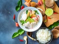 Thai galangal chicken soup in creamy coconut milk or Tom Kha Gai. Royalty Free Stock Photo