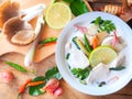 Thai galangal chicken soup in creamy coconut milk or Tom Kha Gai. Royalty Free Stock Photo