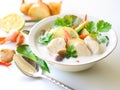 Thai galangal chicken soup in creamy coconut milk or Tom Kha Gai. Royalty Free Stock Photo