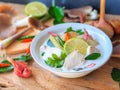 Thai galangal chicken soup in creamy coconut milk or Tom Kha Gai. Royalty Free Stock Photo