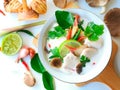 Thai galangal chicken soup in creamy coconut milk or Tom Kha Gai. Royalty Free Stock Photo