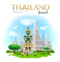 Thai giant with Arun temple in bangkok thailand travel design on blue cloud and sky