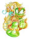 Thai Giant Siam Ghumphant riding Dragon flying hand paint and drawn cartoon character acting design