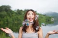 Thai girl enjoy her lifestlye and happy in the morning Royalty Free Stock Photo